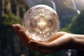 A person holding a crystal ball in their hand. Generative AI image. Royalty Free Stock Photo