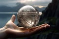 A person holding a crystal ball in their hand. Generative AI image. Royalty Free Stock Photo