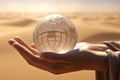 A person holding a crystal ball in their hand. Generative AI image. Royalty Free Stock Photo