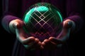 A person holding a crystal ball in their hands. Generative AI image. Royalty Free Stock Photo