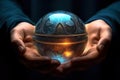 A person holding a crystal ball in their hands. Generative AI image. Royalty Free Stock Photo