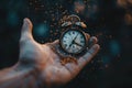 Person holding breaking clock with keywords Watch, Clock, Finger, Wrist, Font