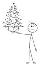 Person Holding Decorated Christmas Tree, Vector Cartoon Stick Figure Illustration Royalty Free Stock Photo