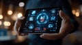 Person holding a digital tablet displaying advanced user interface