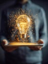 Person holding a digital tablet projecting a glowing light bulb symbolizing innovation and creative ideas in technology and Royalty Free Stock Photo