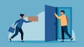 A person holding the door open for someone carrying a heavy load.. Vector illustration.