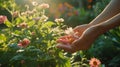 A person holding a flower in their hand with other flowers around them, AI Royalty Free Stock Photo