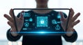 Person holding a futuristic tablet displaying a secure qr code and digital security icons background Royalty Free Stock Photo