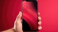 A person holding a generic cell phone on a red background, AI