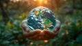 A person holding a globe in their hands with green leaves, AI Royalty Free Stock Photo