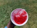 Person holding a half melted red snow cone on a sunny day Royalty Free Stock Photo