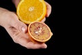 Halves of different varieties orange fruit, blood or red orange in hand on black background Royalty Free Stock Photo