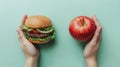 A person holding a hamburger and an apple on their hands, AI Royalty Free Stock Photo