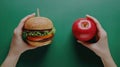 A person holding a hamburger and an apple on their hands, AI Royalty Free Stock Photo