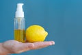 Lemon sanitizer liquid soap. Virus and flu protection. Hygiene