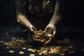 A person holding a handful of gold coins. AI generative image.
