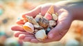 A person holding a handful of seashells in their hands, AI