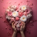 A person is holding a heartshaped bouquet of pink and magenta flowers , generated by AI