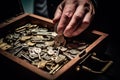 a person holding keys in a box of old keys Royalty Free Stock Photo