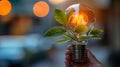 A person holding a light bulb with green leaves inside, AI Royalty Free Stock Photo