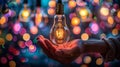 A person holding a light bulb in their hand with colorful lights behind them, AI Royalty Free Stock Photo