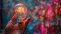 A person holding a light bulb in their hand with colorful lights behind them, AI Royalty Free Stock Photo