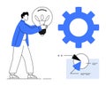 Person holding lightbulb with gear and pie chart, symbolizing innovation and problem-solving Royalty Free Stock Photo