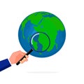 A person holding a magnifying glass looks at the world. Surveyors and analyzers Royalty Free Stock Photo