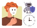 Person Holding Mask, Robot with Data Shield, and Clock Representing Identity, Security, and Time Royalty Free Stock Photo