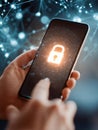 Person holding mobile device with glowing padlock icon representing digital security and data protection in connected technology Royalty Free Stock Photo