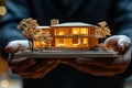 Person is holding a model of a house with a tree in front of it Royalty Free Stock Photo