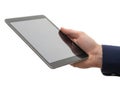 A person holding a modern tablet device in a plain white background Royalty Free Stock Photo