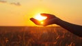 A person holding out their hand in a field with the sun setting, AI