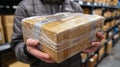 A person holding a package wrapped in plastic inside of a warehouse, AI Royalty Free Stock Photo