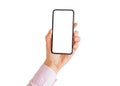 Person holding phone in hand with empty white screen. Royalty Free Stock Photo