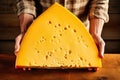 A person holding a piece of cheese in their hands. Homemade cheese production on a farm. Natural product. Close-up. Farming