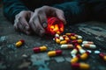 A person holding a pill bottle filled with red and yellow pills in their hand, The dual persona of opioids, as a hero and a Royalty Free Stock Photo