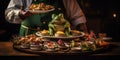 A person holding a plate of food with a frog on it. Generative AI image. Royalty Free Stock Photo