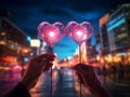 Person holding a present for Saint Valentine& x27;s day in his hands. Beautiful colorful background to st. Valentine