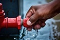 Person Holding Red Fire Hydrant With Water