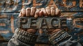 A person holding a rusty metal sign that says peace in front of an old building, AI