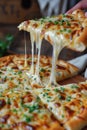 A person is holding a slice of cheese pizza with green sauce, AI