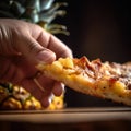 A person holding a slice of pizza in their hand. AI generative image Royalty Free Stock Photo