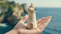 A person holding a small light house in their hand, AI Royalty Free Stock Photo