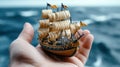 A person holding a small model of an old sailing ship, AI Royalty Free Stock Photo