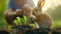 A person holding a small rabbit in their hand while it is eating, AI Royalty Free Stock Photo