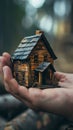 Person Holding Small Wooden House - a Symbol of Homeownership and Stability Royalty Free Stock Photo