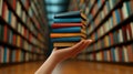 A person holding a stack of books in their hand, AI Royalty Free Stock Photo
