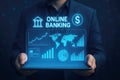 Person Holding Tablet with Online Banking World Map and Financial Data Visualization charts Royalty Free Stock Photo