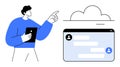 Person Holding Tablet and Pointing Toward Cloud While Viewing Online Chat Interface Royalty Free Stock Photo